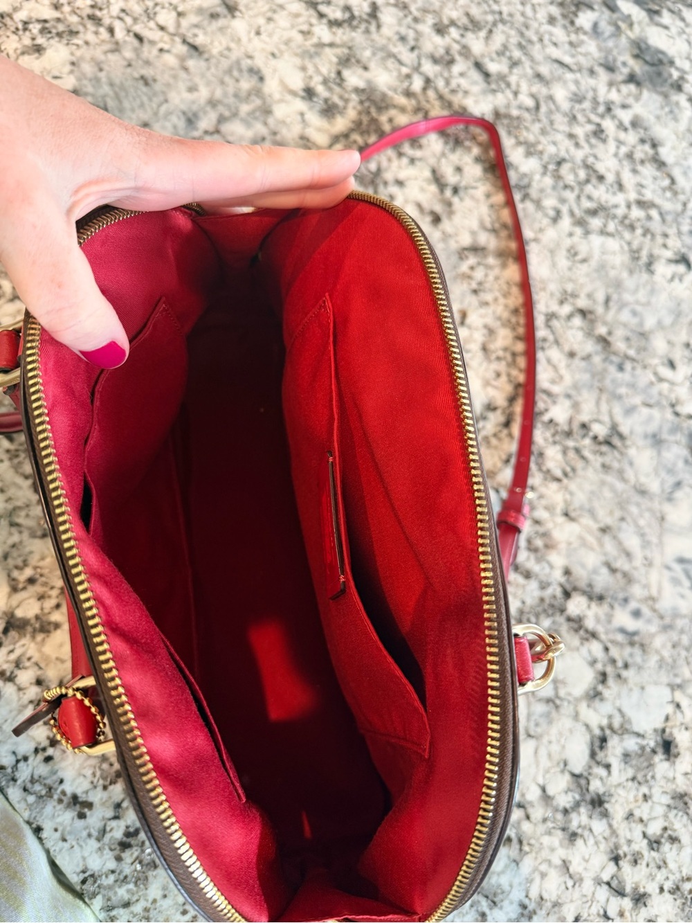 Coach Brown Signature Dome Satchel with Red Trim - Picture 2 of 3